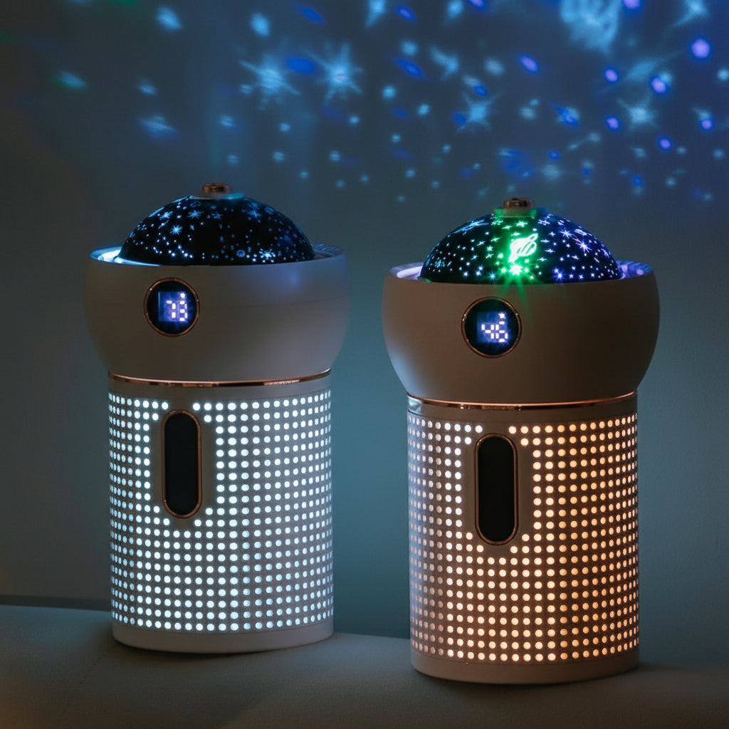 Humidificateur d’Air 3-en-1 : Brume Relaxante, Veilleuse Apaisante & Projection d’Étoiles Magique AstralLuminance