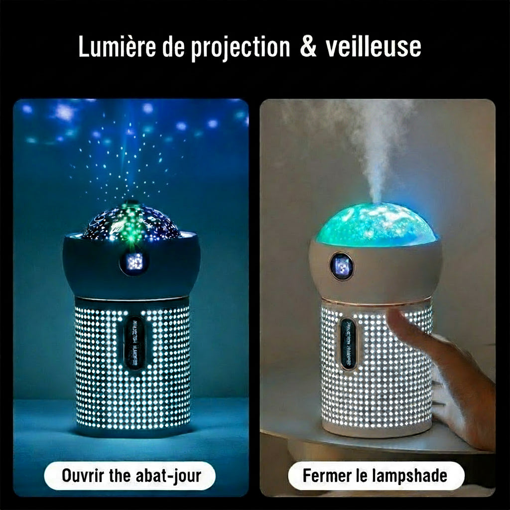 Humidificateur d’Air 3-en-1 : Brume Relaxante, Veilleuse Apaisante & Projection d’Étoiles Magique AstralLuminance