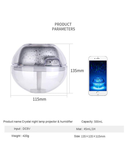 Lampe de Nuit Cristal USB 2-en-1 : Projection Magique & Humidificateur d’Air Apaisant - AstralLuminance